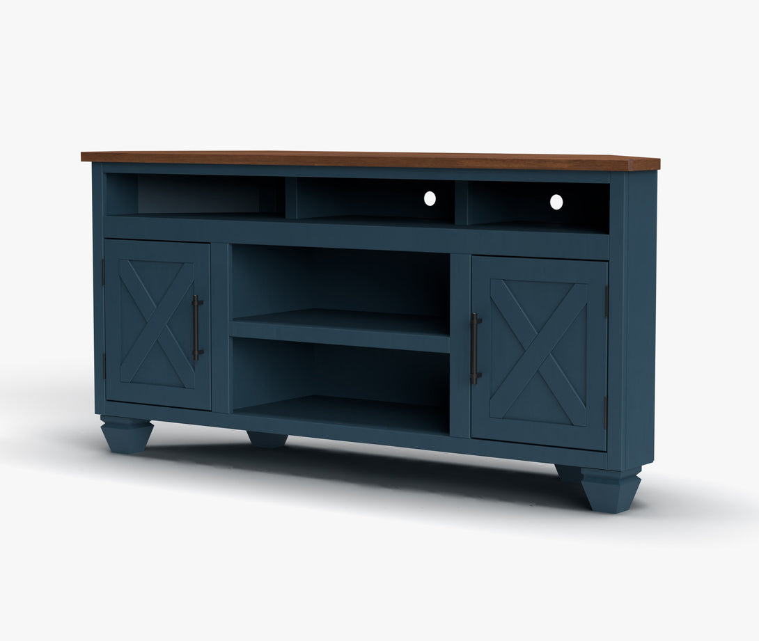 Liberty 64" Corner TV Stands for 55 inch TV Denim/Whiskey Brown - Rustic Modern Farmhouse Side View