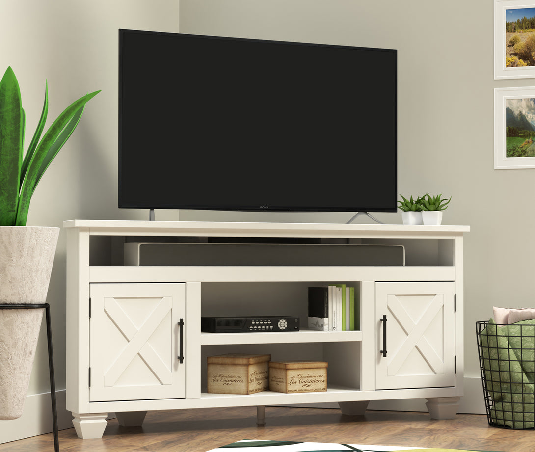 Liberty 64-inch Corner TV Stands fits up to 65 inch TV White/Bourbon Brown - Rustic Modern Farmhouse
