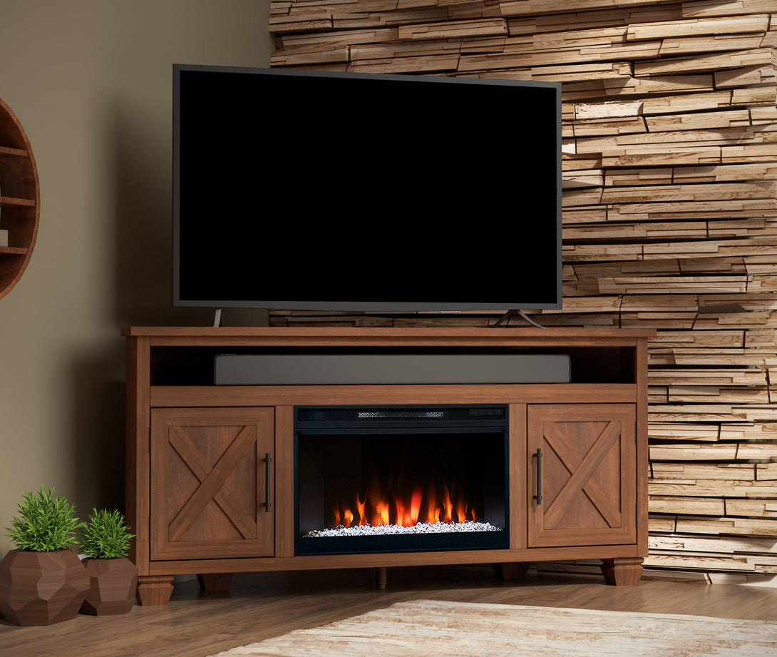 Liberty 64-inch Fireplace Corner TV Stand Whiskey Brown Rustic Modern Farmhouse