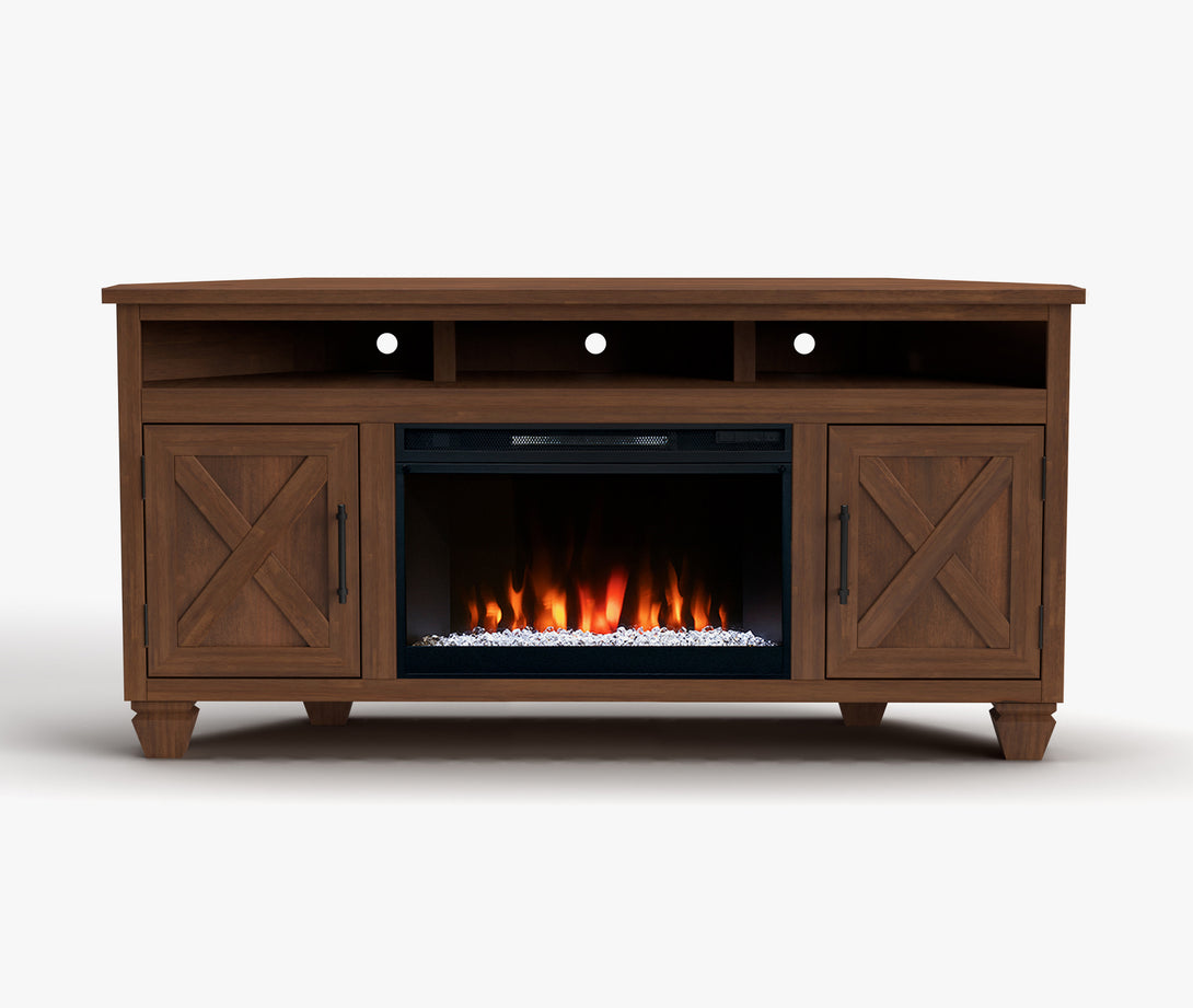 Liberty 64-inch Fireplace Corner TV Stands Whiskey Brown - Rustic Modern Farmhouse