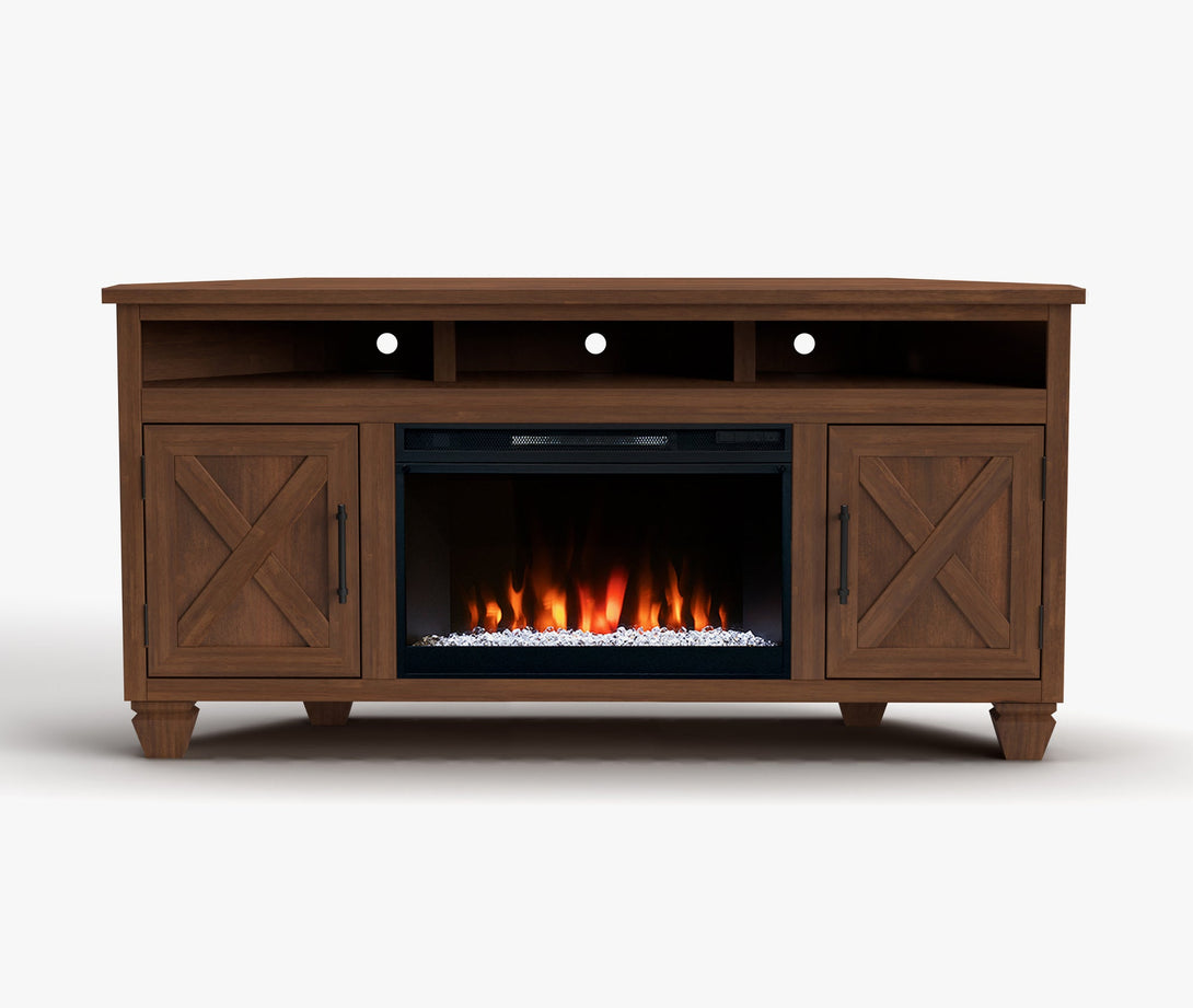 Liberty 64-inch Fireplace Corner TV Stands Whiskey Brown Rustic Modern Farmhouse