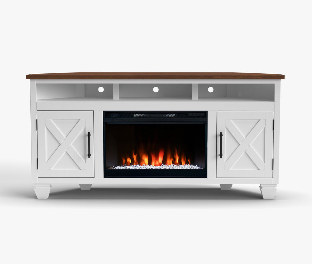 Liberty 64-inch Fireplace Corner TV Stands White/Bourbon Brown Rustic Modern Farmhouse
