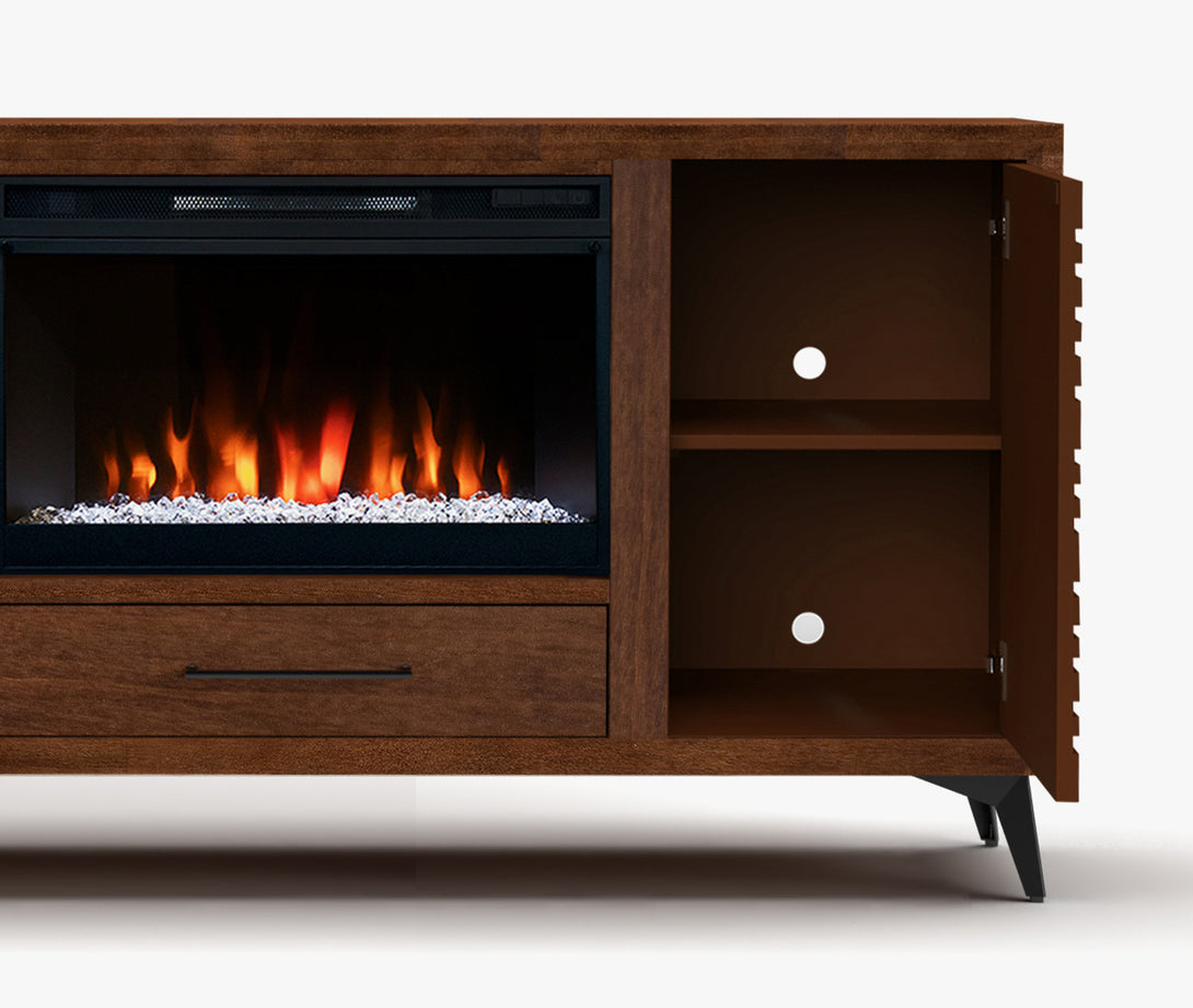 Malibu 64 inch Electric Fireplace TV Stand Modern Bourbon Brown Open Side Door View