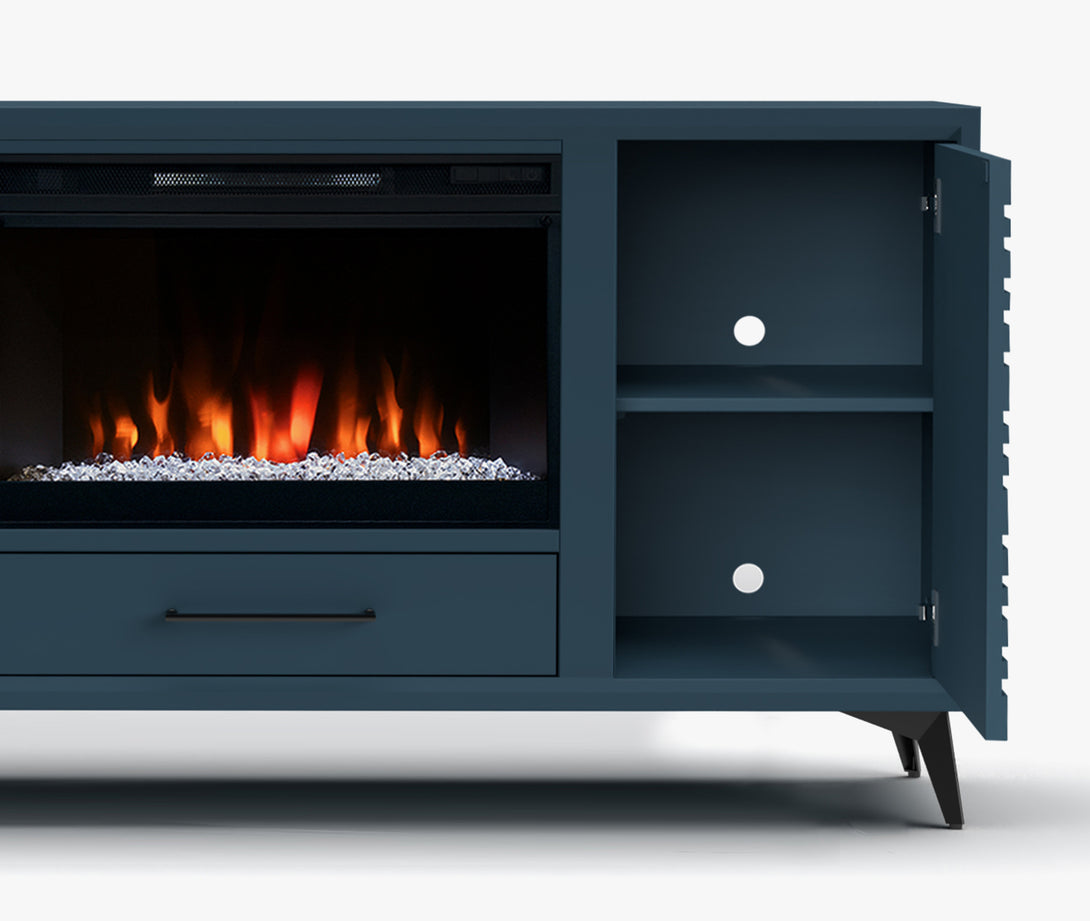 Malibu 64 inch Electric Fireplace TV Stand Modern Denim Open Side Door View