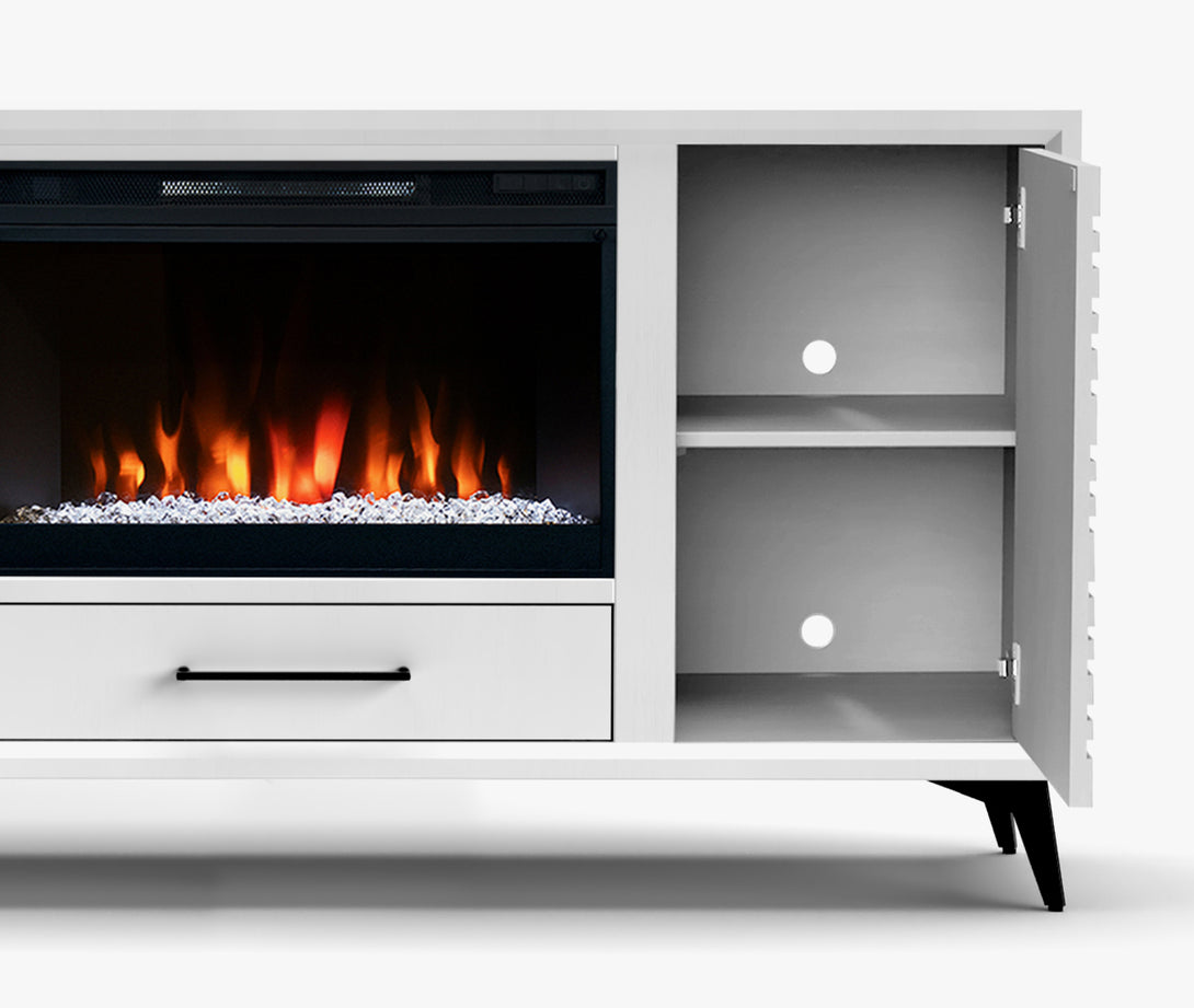 Malibu 64 inch Electric Fireplace TV Stand Modern White Open Side Door View