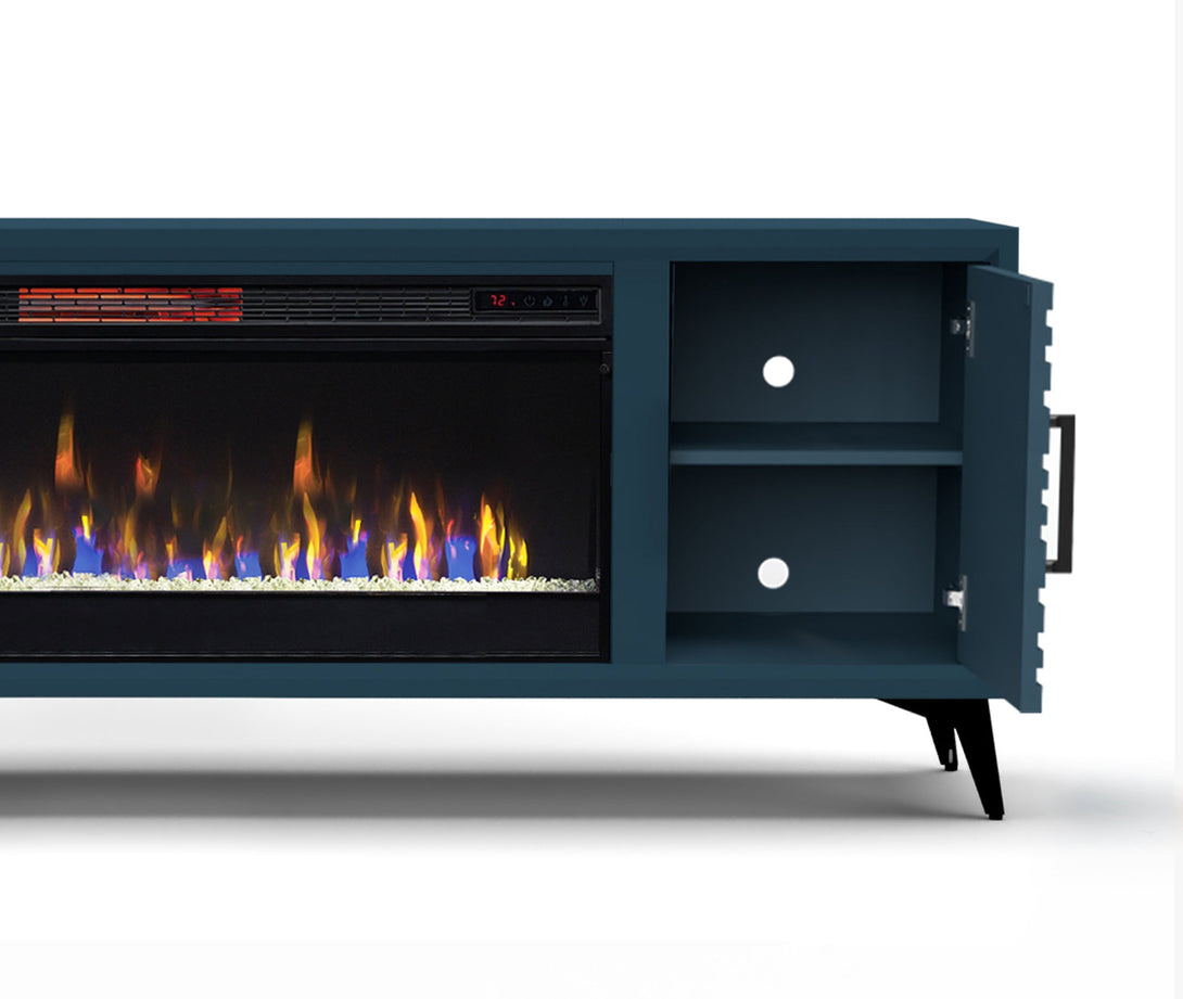 Malibu 78 inch Electric Fireplace TV Stand Denim - Modern - Open Side Door View