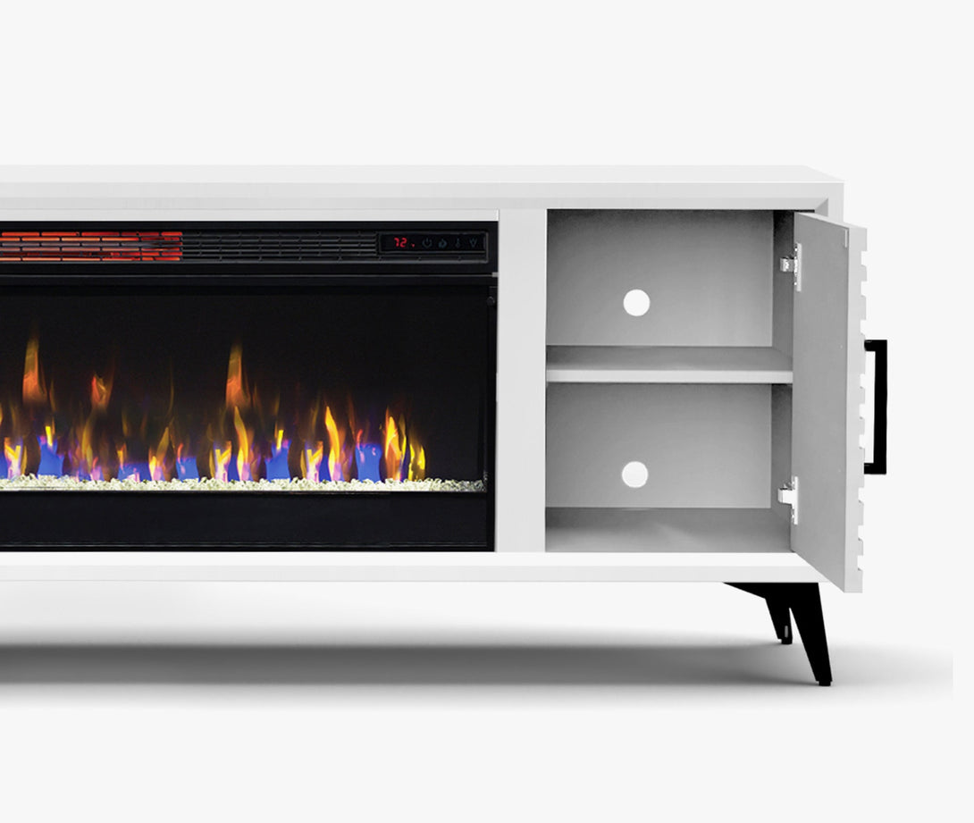Malibu 78 inch Electric Fireplace TV Stand White - Modern Open Side Door View